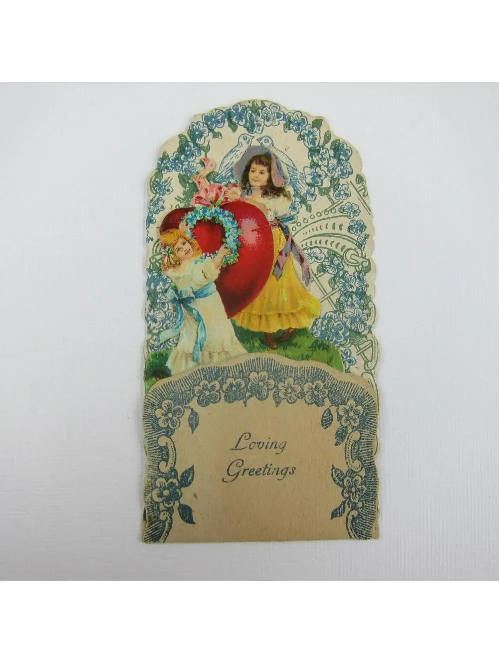 Vintage Valentine 3D Pop Up Die Cut Girls Red Heart Arrow Blue Flowers & Doves
